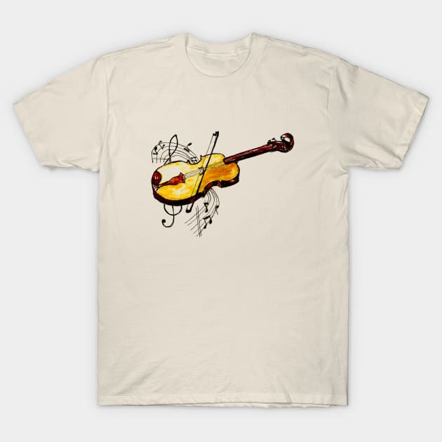 Yellow Violin with Notes T-Shirt by AnnArtshock
